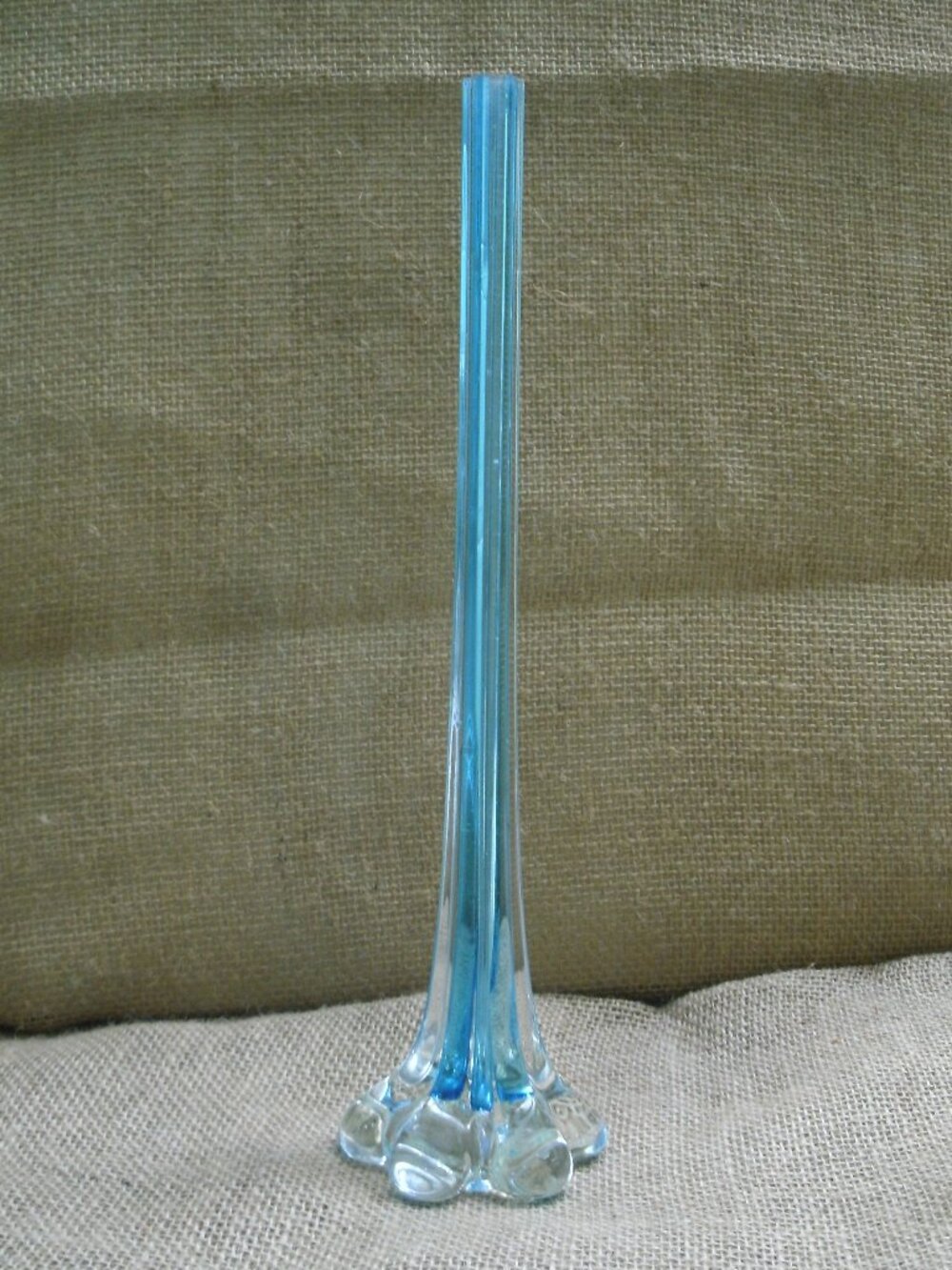 Vintage Swung Blue & Clear Elephant Foot Art Glass Vase